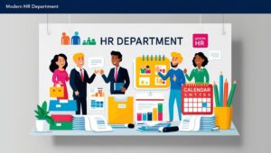 Illustration of a simple HR department concept — documents, calendar, people icons in conversation, clean background