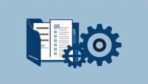 Illustration of document folder, tracking spreadsheet, gear icon for systems — flat icon style, blue/grey tones