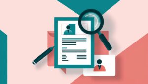 Flat design of resume, magnifying glass, job application icon, clean modern style, no photo-realistic people