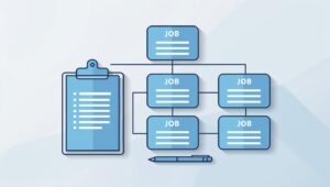 Icon of a flowchart or organisation chart with job title blocks, clipboard and pen, light blue/white background