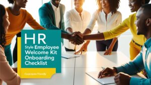 Illustration of employee welcome kit, onboarding checklist, people shaking hands at desk, modern HR style