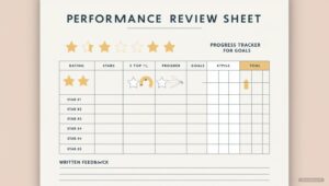 Illustration of performance review sheet, star rating, goal tracker or feedback form, simple clean design