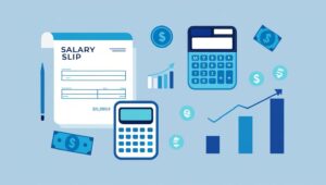 Flat design of salary slip, calculator, bar chart and money icons — not overly detailed, soft blue theme
