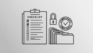 Clean line art of a checklist, lock icon, compliance stamp, small file folders — legal but modern and minimal