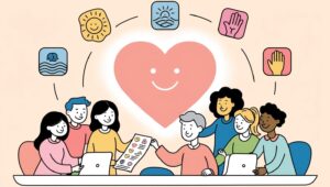 Soft-toned illustration of heart icon, mental health symbols, and happy team at work — friendly and empathetic